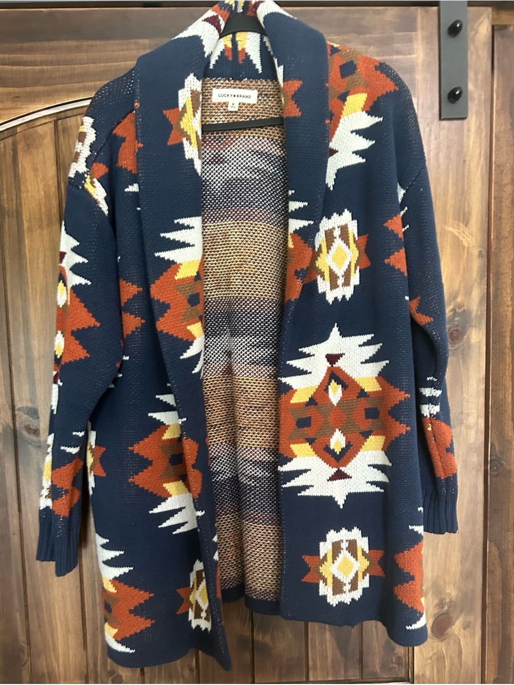 Lucky Brand Blue Open-Front Aztec Cardigan with Rust & Cream Accents